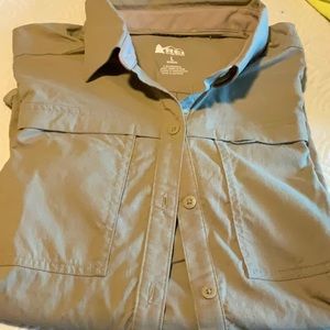 REI button-down, long sleeve shirt, adjustable sleeve for outdoor activities